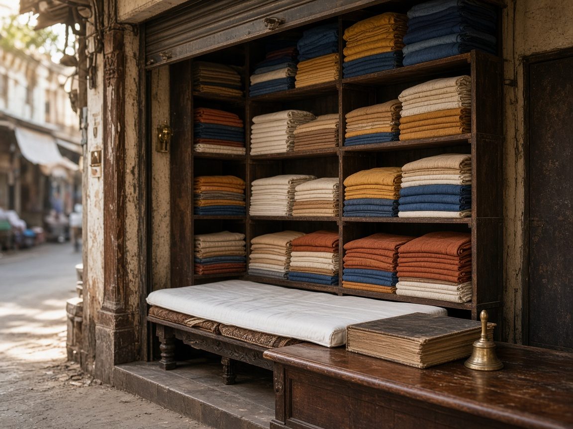 An established textile wholesale shop front with shelves of folded fabric